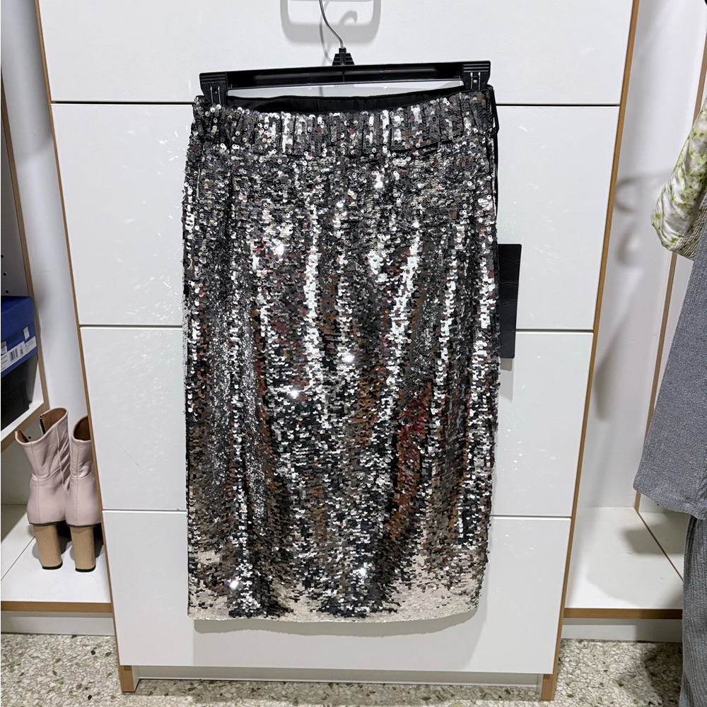Mo&Co Silver Sequin Midi Skirt - Women's Sparkle Pencil Skirt